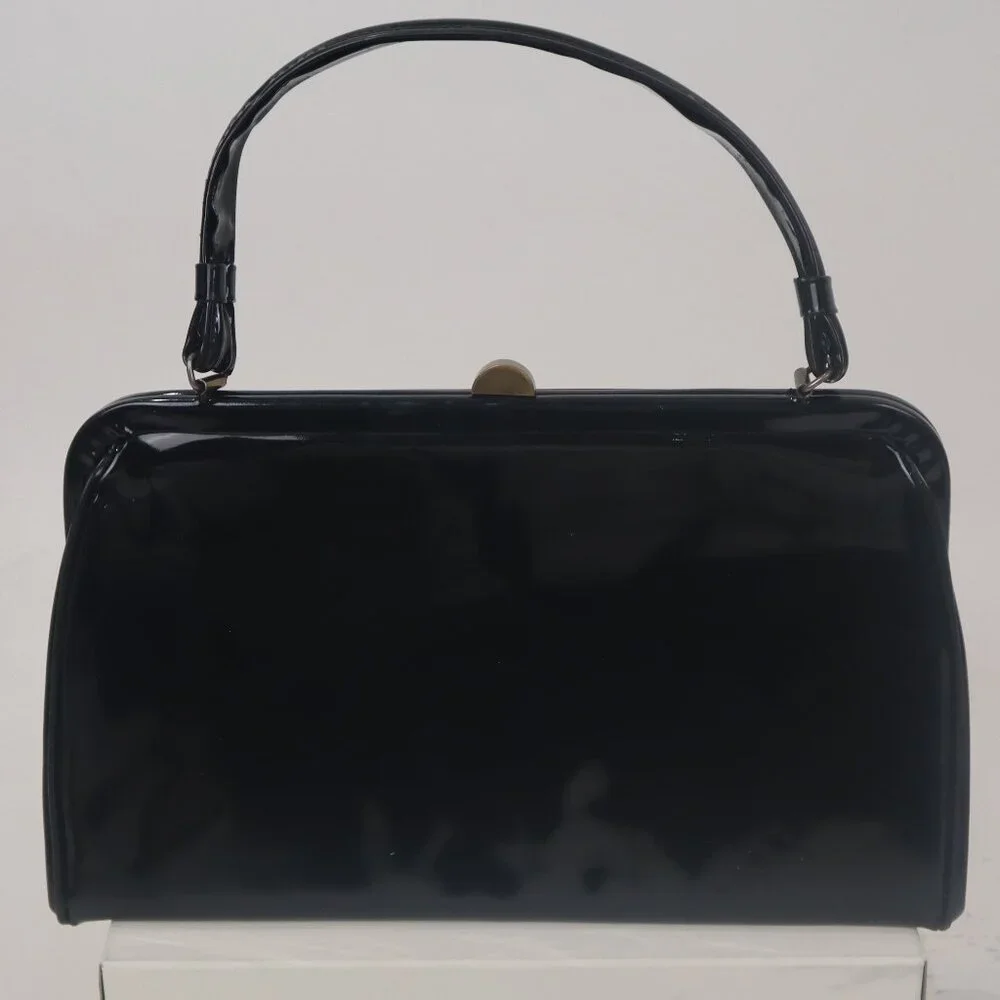 ❄️ Vtg 60's Verdi Black Patent Leather Tortoise Handbag Purse Satchel Acrylic